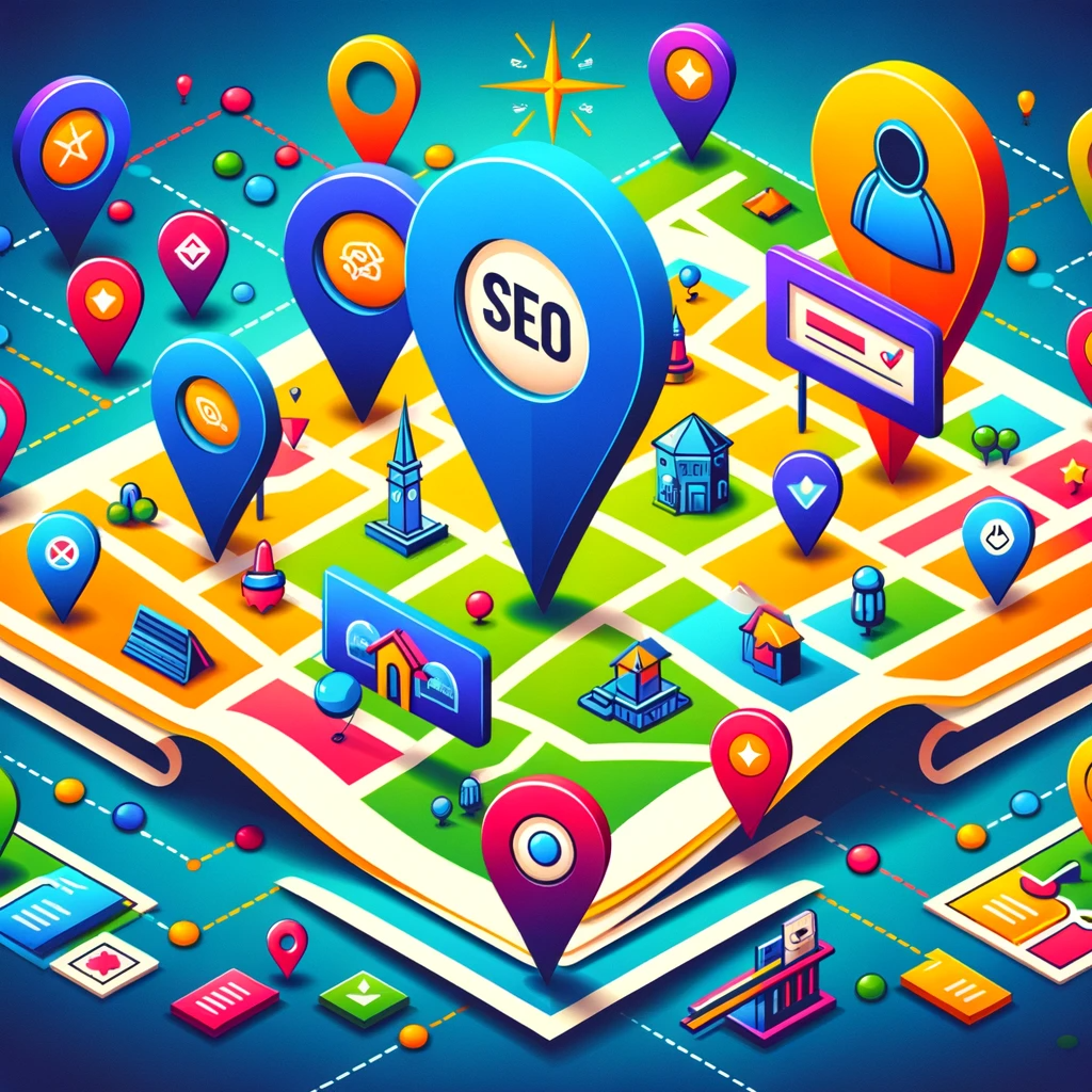 Colorful map highlighting local SEO success stories, featuring symbolic icons or markers over a stylized map, indicating various locations where local